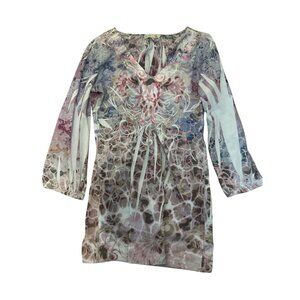 Unity World Wear Womens Multicolor Abstract Pattern Tunic Top M 3/4 Sleeve Boho